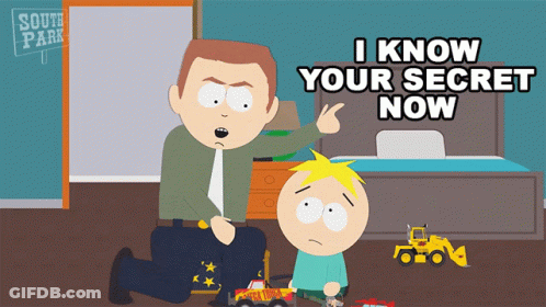 A Cartoon Of A Man Kneeling Next To A Boy With The Words " I Know Your Secret Now " Above Them GIF