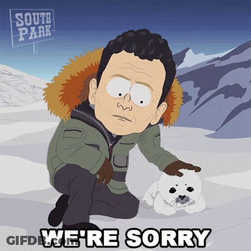A Cartoon Of A Man Kneeling Next To A Seal With The Words We 'Re Sorry Below Him GIF