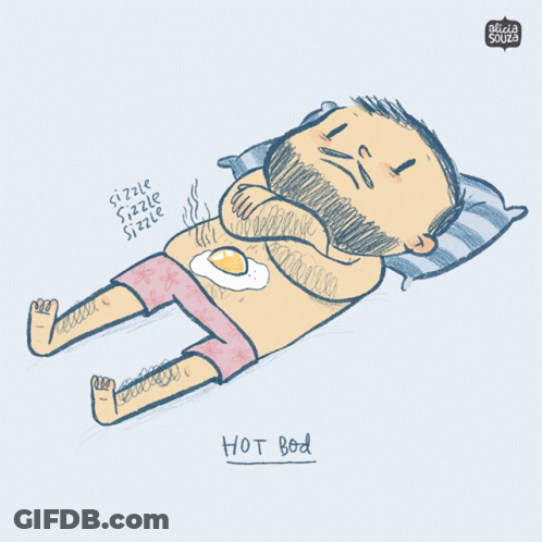 A Cartoon Of A Man Laying Down With A Fried Egg On His Chest And The Words Hot Bod Underneath GIF