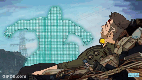 A Cartoon Of A Man Laying Down With A Ghost Behind Him And The Letters L And C On The Bottom Right GIF
