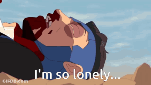 A Cartoon Of A Man Laying Down With The Words " I 'M So Lonely " Above Him GIF