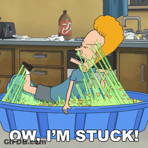 A Cartoon Of A Man Laying In A Blue Tub With The Words Ow I 'M Stuck GIF