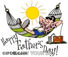 A Cartoon Of A Man Laying In A Hammock With The Words Happy Father 'S Day Enjoy Your Day . GIF