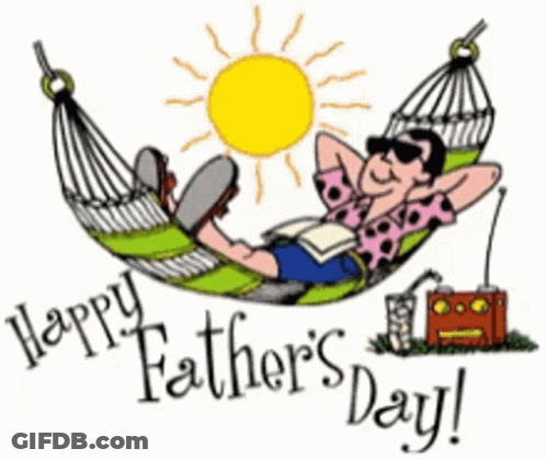 A Cartoon Of A Man Laying In A Hammock With The Words Happy Father 'S Day Written Below Him GIF