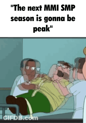 A Cartoon Of A Man Laying In A Hospital Bed With The Words " The Next Mmi Smp Season Is Gonna Be Peak " GIF