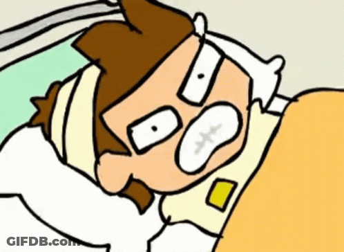 A Cartoon Of A Man Laying In Bed With A Bandage Around His Head GIF