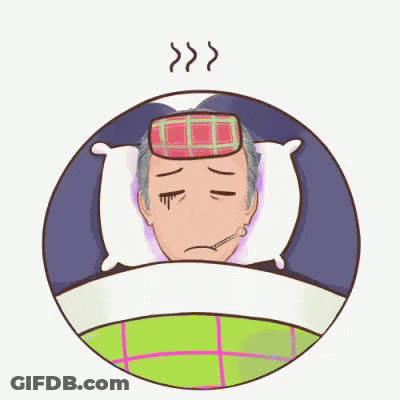 A Cartoon Of A Man Laying In Bed With A Towel On His Head And A Thermometer In His Mouth GIF