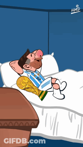 A Cartoon Of A Man Laying On A Bed Holding A Trophy With The Number 18 On His Jersey GIF
