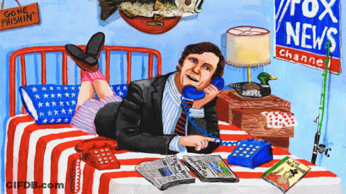 A Cartoon Of A Man Laying On A Bed Talking On A Phone With A Fox News Channel Sign Behind Him GIF
