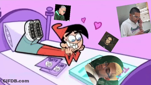 A Cartoon Of A Man Laying On A Bed With Hearts And Pictures GIF