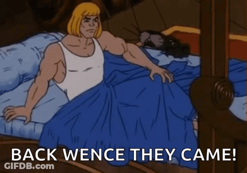 A Cartoon Of A Man Laying On A Bed With The Words Back Wence They Came Below Him GIF