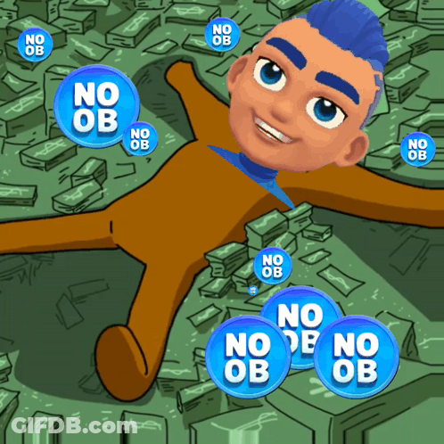 A Cartoon Of A Man Laying On A Pile Of Money Surrounded By No Ob Stickers GIF