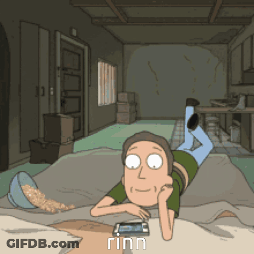 A Cartoon Of A Man Laying On The Floor Looking At A Phone GIF