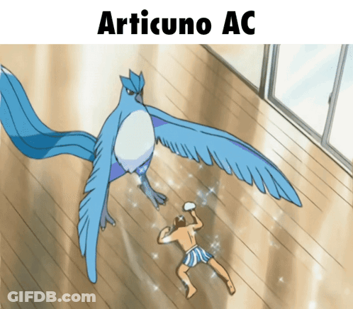 A Cartoon Of A Man Laying On The Floor Next To A Bird That Says Articuno Ac On The Bottom GIF