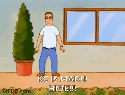 A Cartoon Of A Man Laying On The Floor With The Words Kc Is Mad !! Hide !!! GIF