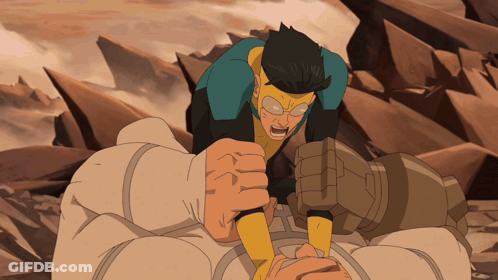 A Cartoon Of A Man Laying On The Ground With A Superhero Standing Over Him GIF