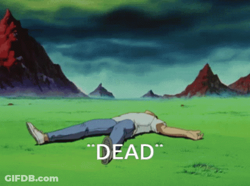 A Cartoon Of A Man Laying On The Ground With The Words " Dead " Behind Him GIF