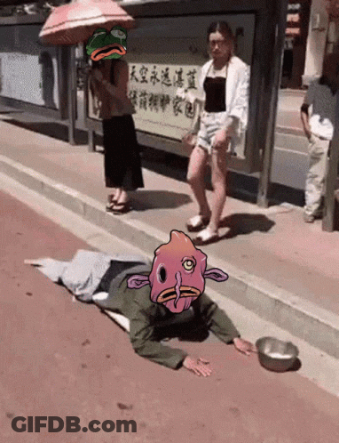 A Cartoon Of A Man Laying On The Sidewalk With A Bowl Of Water GIF