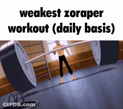 A Cartoon Of A Man Lifting A Barbell With The Words " Weakest Zoraper Workout ( Daily Basis ) " GIF