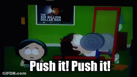 A Cartoon Of A Man Lifting Weights With The Words Push It Push It Written Below Him GIF