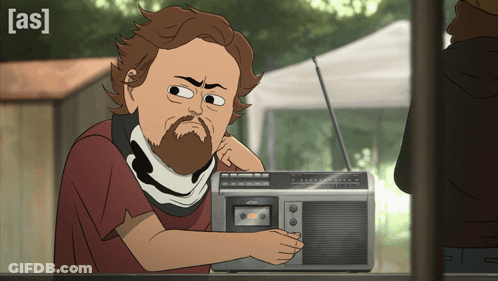 A Cartoon Of A Man Listening To A Radio With The Letters [ As ] On The Bottom Right GIF