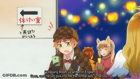 A Cartoon Of A Man Looking At A Cell Phone With A Sign That Says Dressing Room Is Written In English GIF
