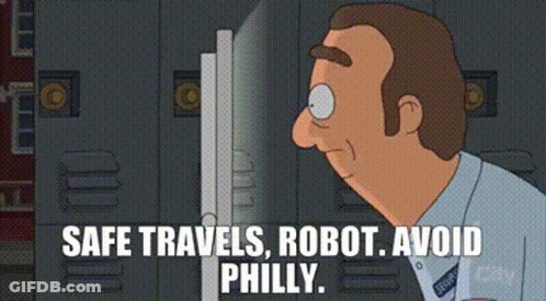 A Cartoon Of A Man Looking At A Computer Screen With The Words `` Safe Travels , Robot , Avoid Philly '' GIF
