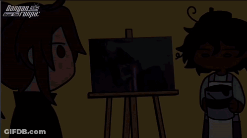 A Cartoon Of A Man Looking At A Painting On An Easel With Danganronpa Written On The Bottom GIF