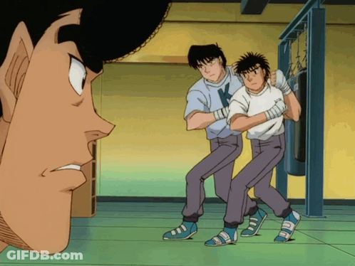 A Cartoon Of A Man Looking At Two Boxers With A Punching Bag In The Background GIF