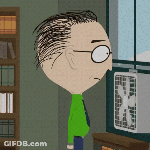 A Cartoon Of A Man Looking Out A Window At A Box Fan GIF