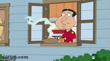 A Cartoon Of A Man Looking Out Of A Window With A Pie On It GIF