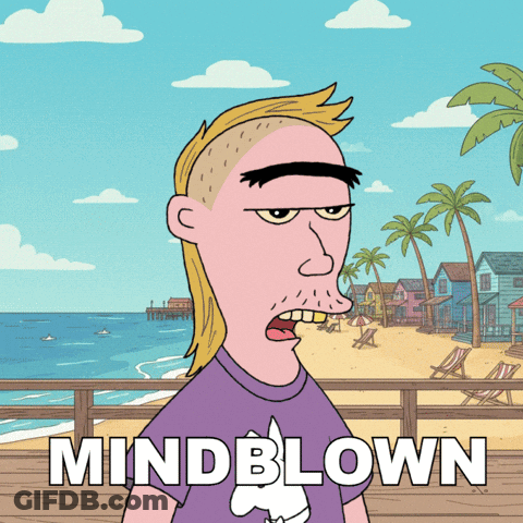 A Cartoon Of A Man On A Beach With The Words Mind Blown On The Bottom GIF