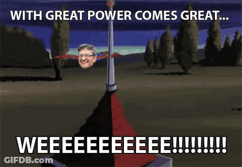 A Cartoon Of A Man On A Pole With The Words " With Great Power Comes Great ... Weeeeeeeee !!! " GIF