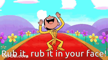 A Cartoon Of A Man On A Red Carpet With The Words Rub It Rub It In Your Face Below Him GIF