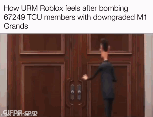 A Cartoon Of A Man Opening A Wooden Door With The Caption How Urm Roblox Feels After Bombing 67249 Tcu Members GIF