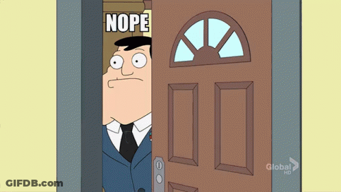 A Cartoon Of A Man Peeking Out Of A Door That Says Nope On It GIF