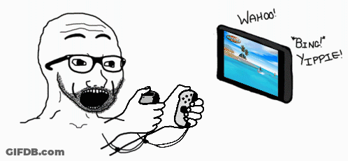 A Cartoon Of A Man Playing A Game With The Words " Bing " And " Wahoo " GIF