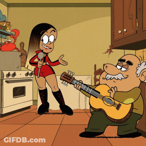 A Cartoon Of A Man Playing A Guitar And A Girl Singing GIF