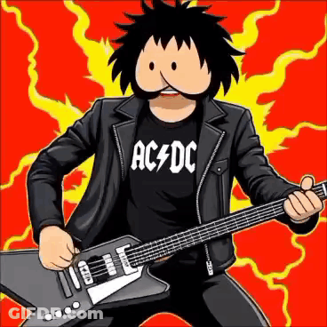 A Cartoon Of A Man Playing A Guitar With A Shirt That Says Ac Dc On It GIF