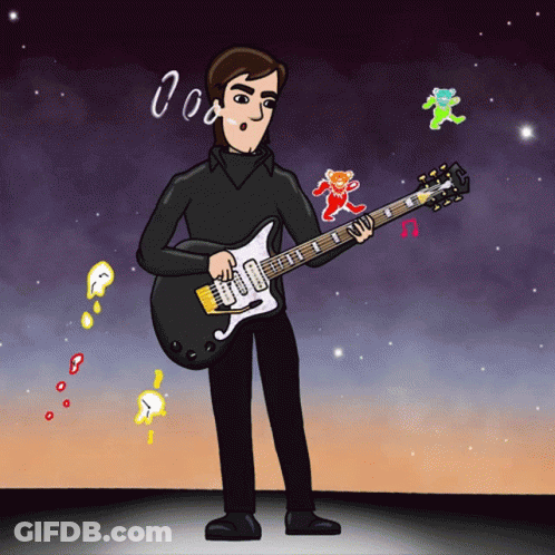 A Cartoon Of A Man Playing A Guitar With A Teddy Bear Behind Him GIF