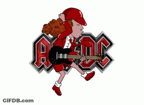 A Cartoon Of A Man Playing A Guitar With The Ac/dc Logo In The Background GIF