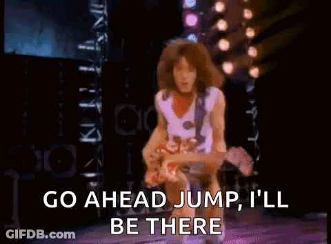 A Cartoon Of A Man Playing A Guitar With The Words Go Ahead Jump I 'Ll Be There GIF