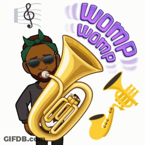 A Cartoon Of A Man Playing A Tuba And A Saxophone With The Words Womp Womp Behind Him GIF