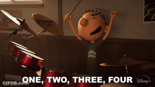 A Cartoon Of A Man Playing Drums With The Words One Two Three Four GIF