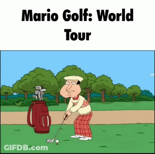 A Cartoon Of A Man Playing Golf With The Words Mario Golf World Tour GIF