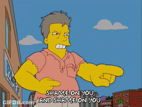 A Cartoon Of A Man Pointing At A Boy With The Words " Shame On You And Shame On You " Below Him GIF