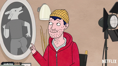 A Cartoon Of A Man Pointing At A Picture Of A Wolf On The Wall GIF
