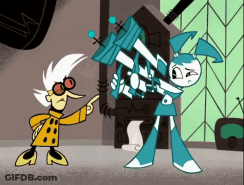 A Cartoon Of A Man Pointing At A Robot That Has The Letter B On It GIF