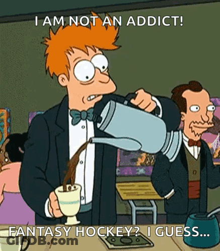 A Cartoon Of A Man Pouring Coffee Into A Cup With The Caption I Am Not An Addict Fantasy Hockey ? I Guess ... GIF