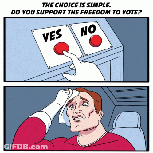 A Cartoon Of A Man Pressing A Yes Or No Button GIF